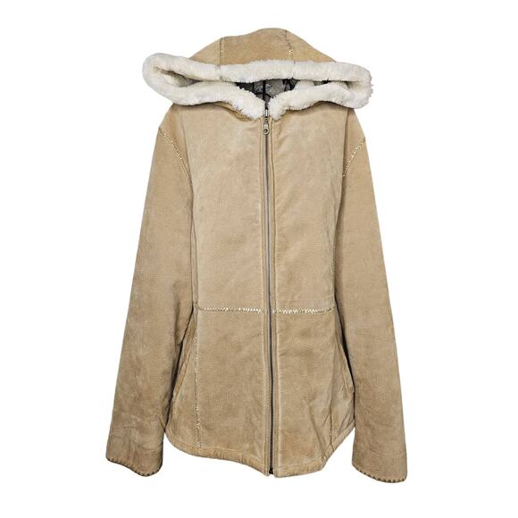 FABIO Shearling Suede Y2K Tan Hooded COAT Faux Fur Women's size XL GIFT - Picture 1 of 10